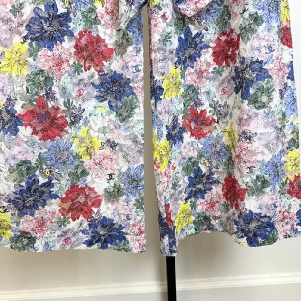 CHANEL Multicolor Floral Lace Front Tie Wide Leg Pants 36 CC Logo Zip Colorful
